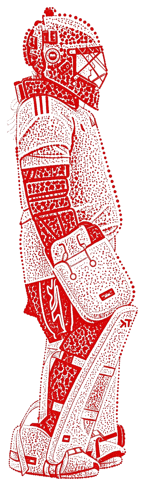 Red stipple-art illustration of a hockey goalkeeper in full kit